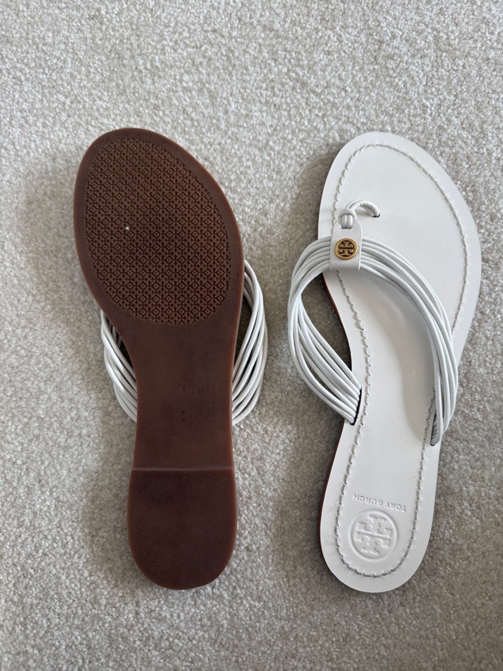 Tory Burch White Leather Multi-Strap Thong Sandals with Gold Logo